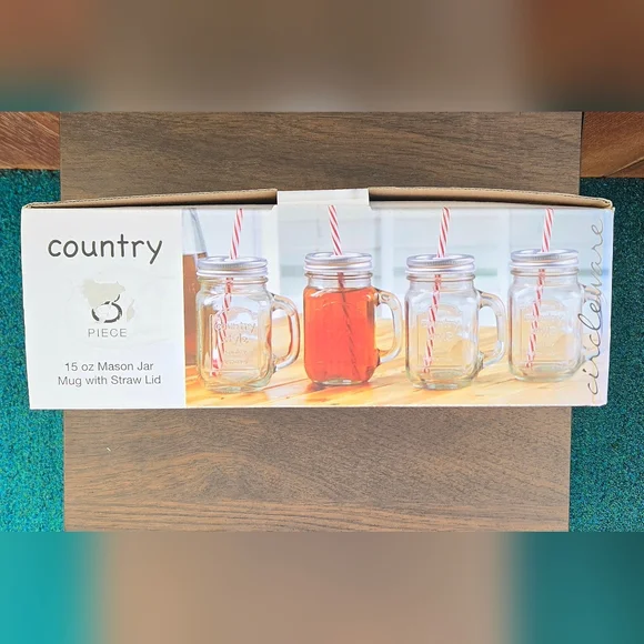 Country Mason Jars By Circleware - 15 oz. Set of 4 with lids & straws - NIB - Picture 6 of 6